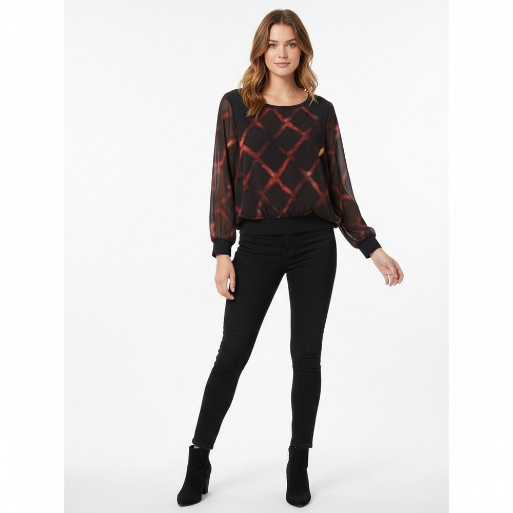 Mossimo Womens‎ XL Black with Red-Orange Patterned Sheer Top Elastic Band